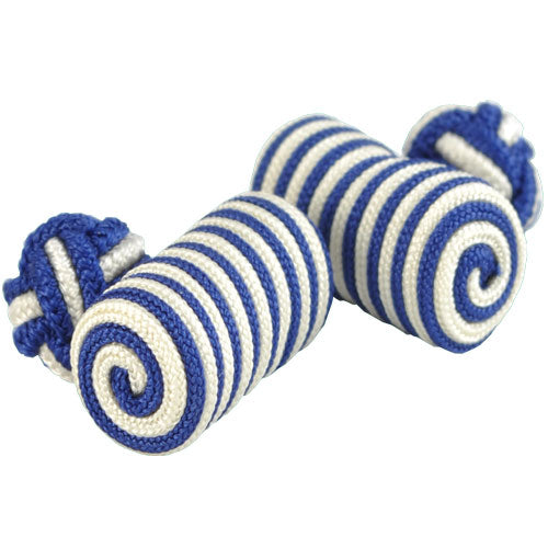 Blue and White Barrel Silk Knot Cufflinks