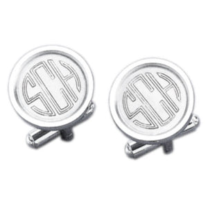 Rimmed Round Sandblasted Rhodium Monogram Cufflinks