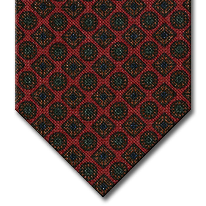 Red with Brown and Green Geometric Pattern Tie