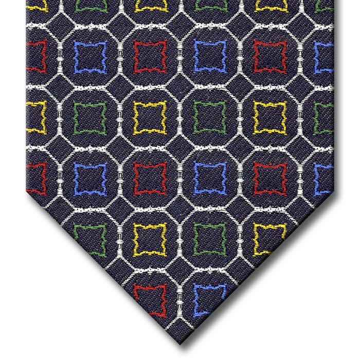 Navy and Silver with Red, Blue, Green and Orange Medallion Tie